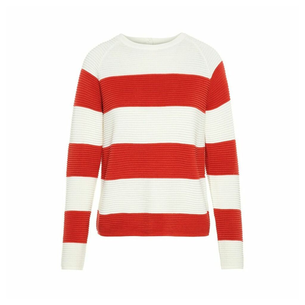 Wide Breton Striped Jumper with Crew Neck and Buttoned Back in Cotton Mix