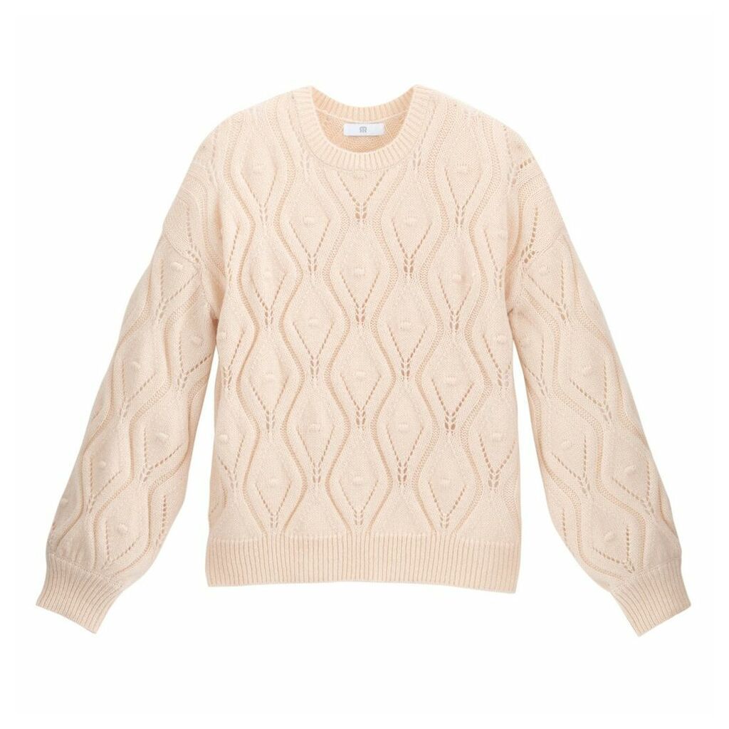 Chunky Pointelle Knit Jumper with Crew Neck and Balloon Sleeves