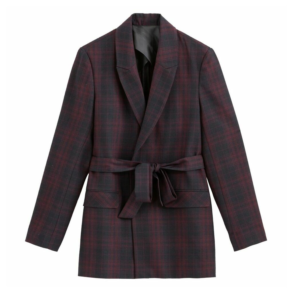 Checked Jacket with Tie-Waist and Pockets