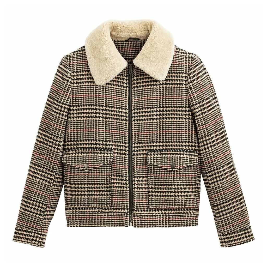 Checked Aviator Jacket with Faux Fur Collar