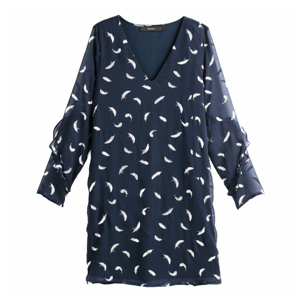 Ruffled Feather Print Shift Dress with Sheer Sleeves