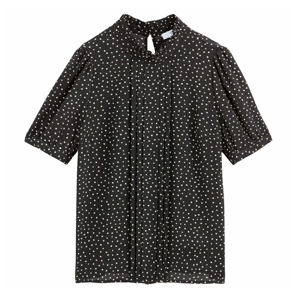 High-Neck Polka Dot Blouse with Pleats and Short Puff Sleeves