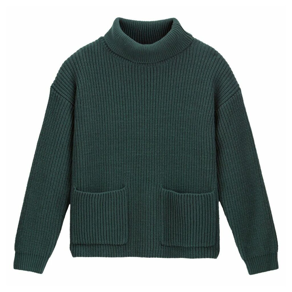 Chunky Knit Ribbed Jumper with Roll Neck and Pockets
