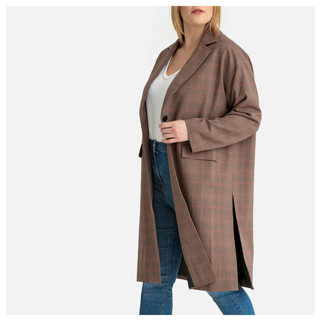 Long Checked Single-Breasted Coat with Pockets
