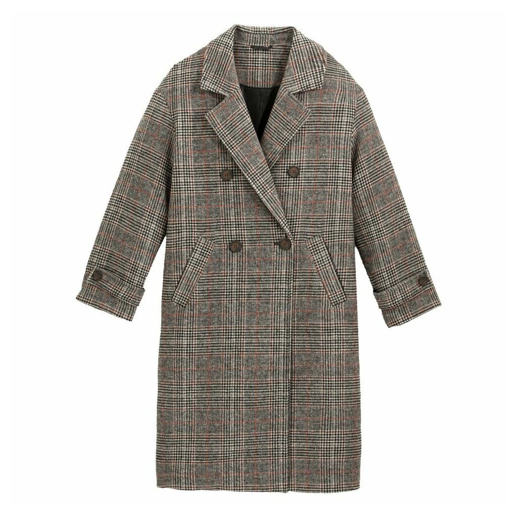 Checked Double-Breasted Coat with Pockets