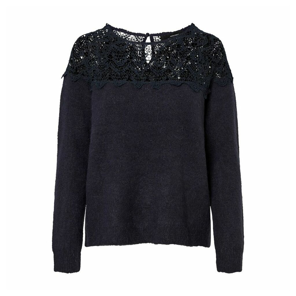 Fine Knit Jumper with Laced Top and Crew Neck