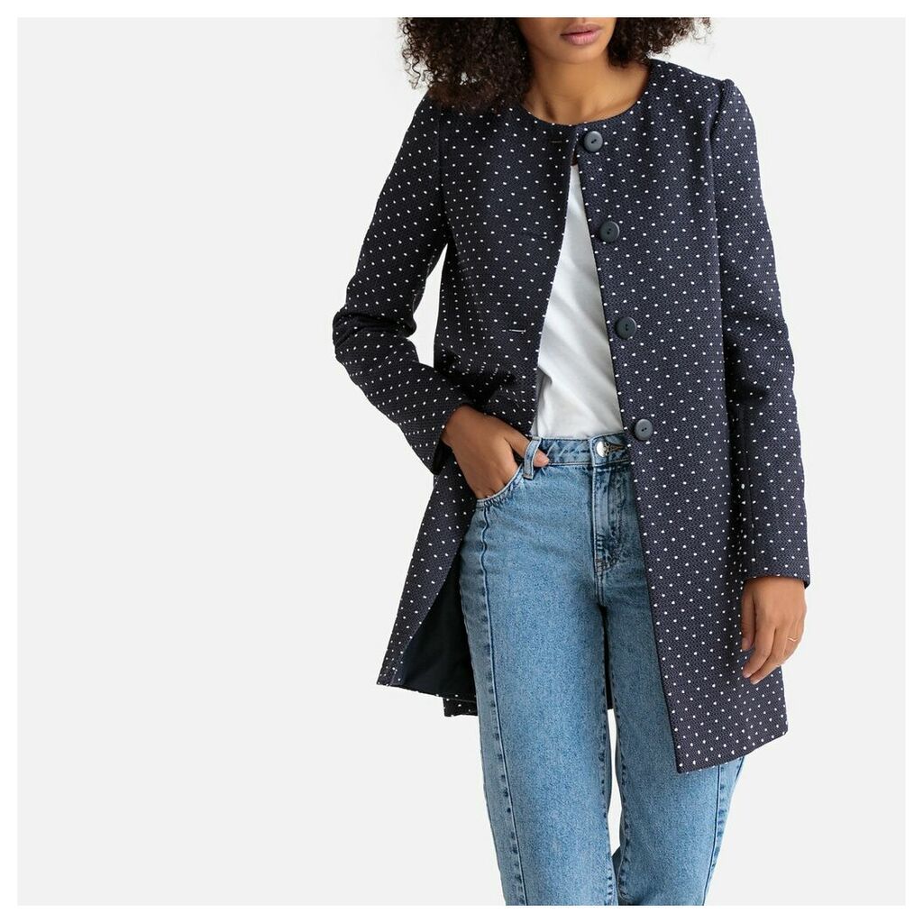 Lightweight Collarless Coat in Polka Dot Print with Pockets