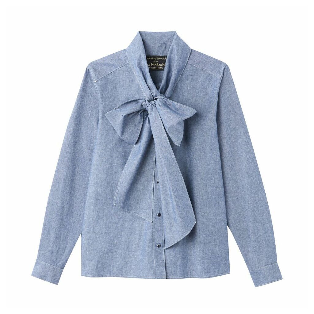 Chambray Cotton Pussy-Bow Blouse with Long Sleeves