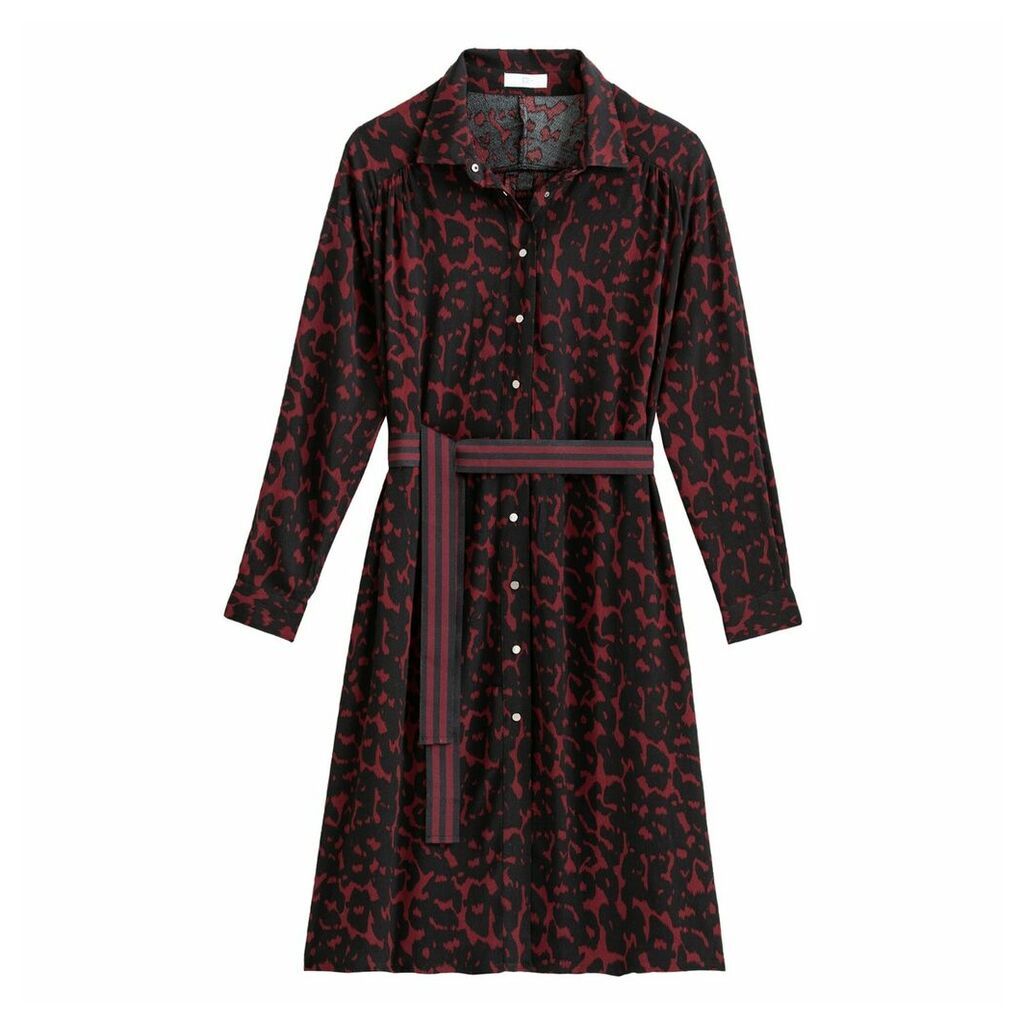 Leopard Print Shirt Dress in Mid-Length with Long Sleeves and Tie-Waist