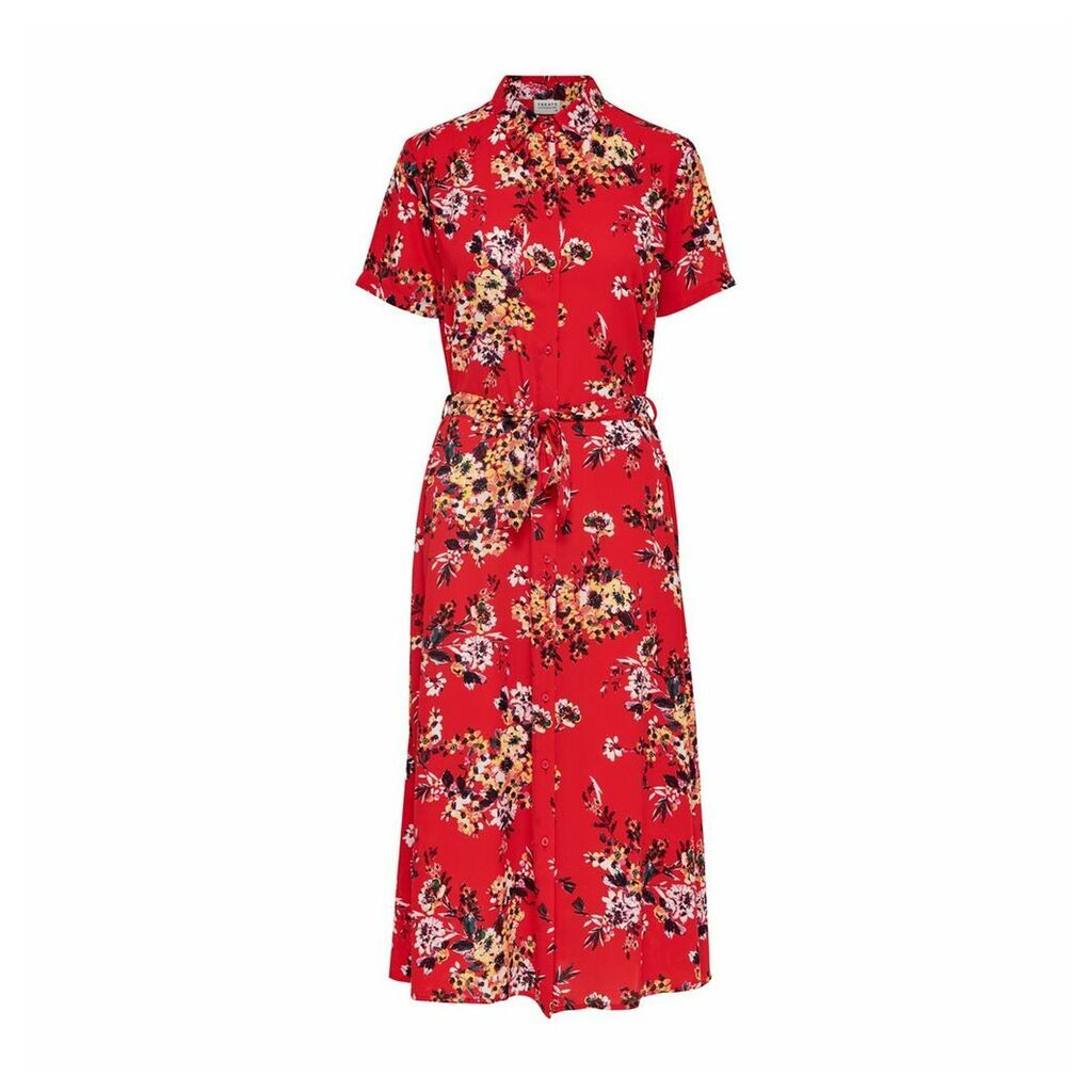 Floral Print Midi Shirt Dress with Tie-Waist