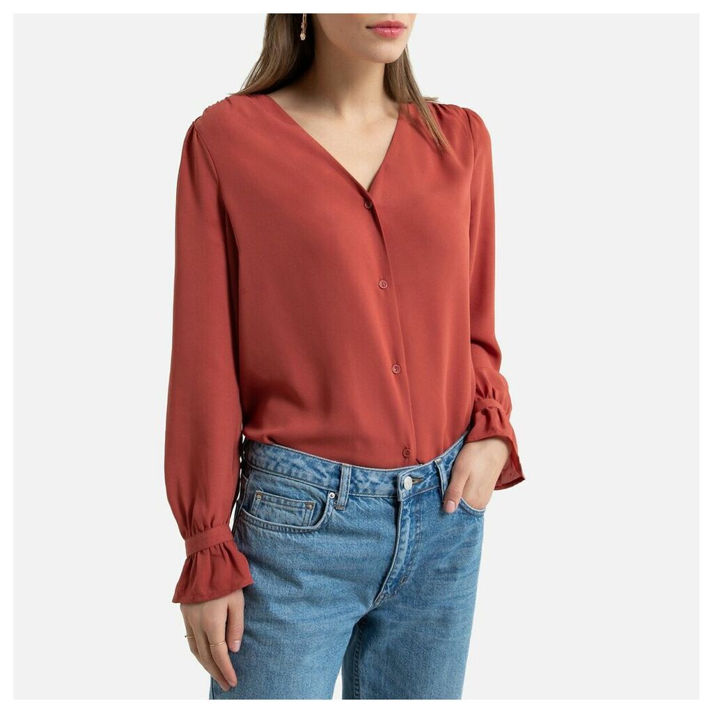 V-Neck Ruffled Blouse with Long Sleeves
