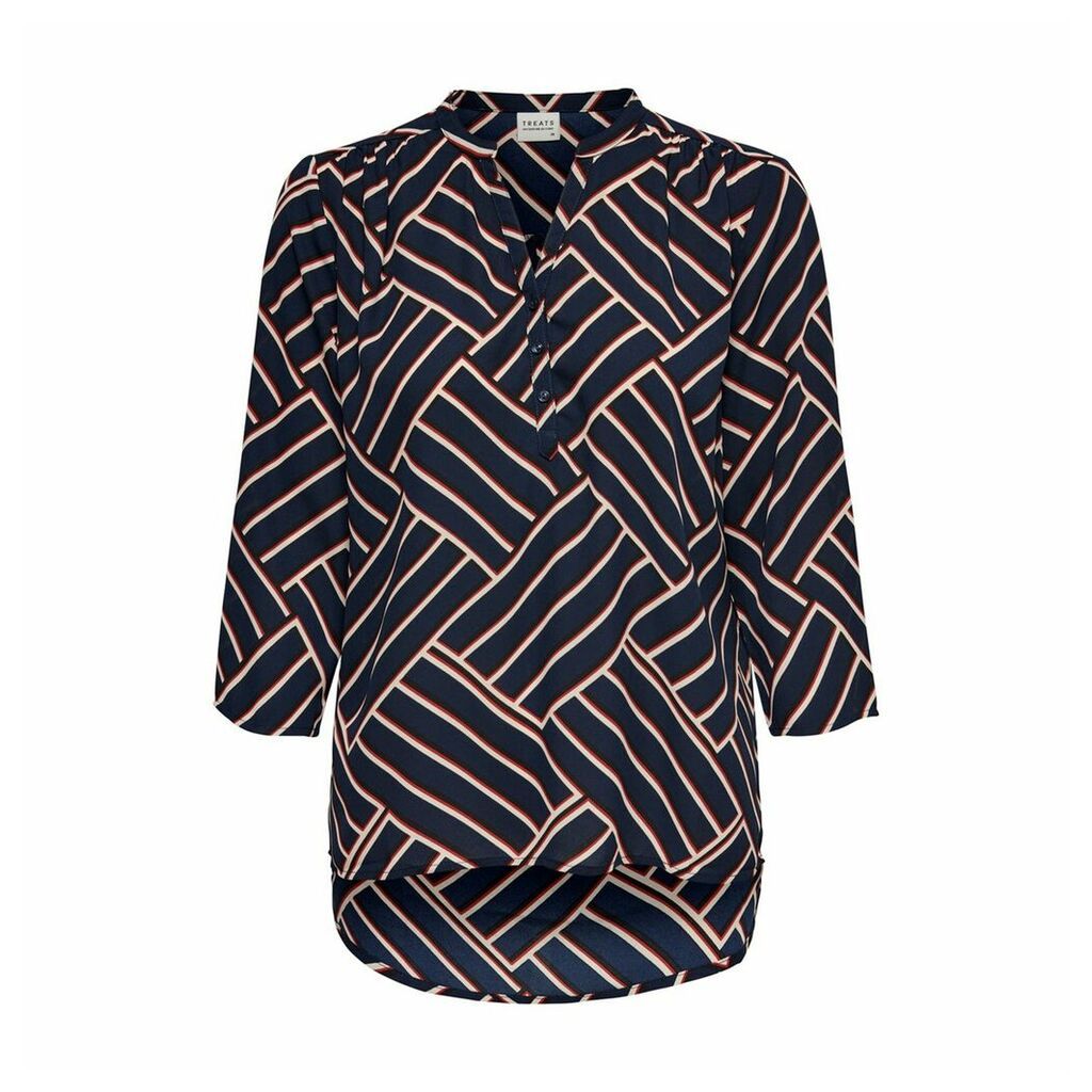 Graphic Print Blouse with 3/4 Length Sleeves and Grandad Collar