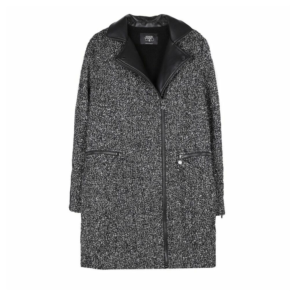 Bouclé Coat with Faux Leather Collar and Pockets