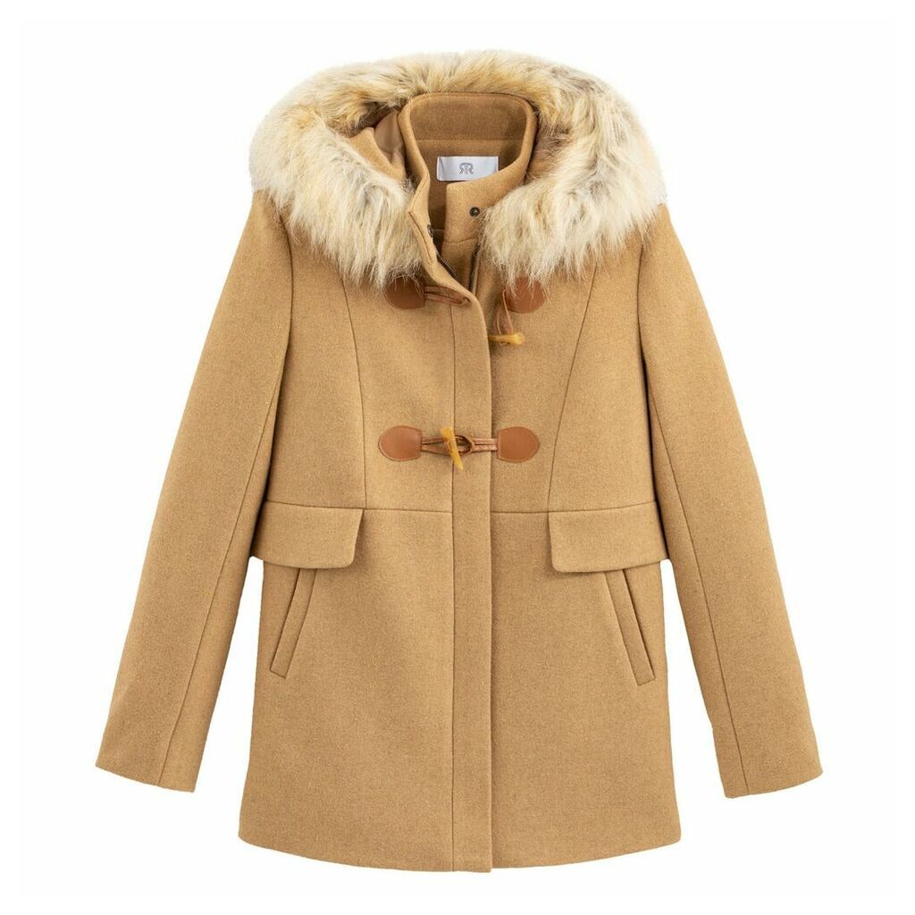 Hooded Duffle Coat with Faux Fur Trim and Pockets