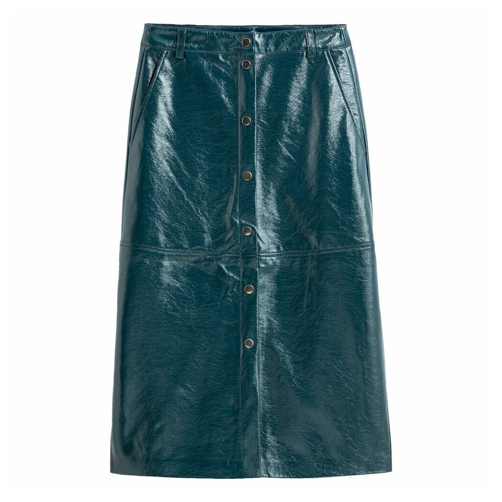 Faux Leather Skirt with Press-Stud Front