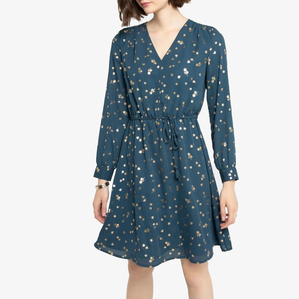 Short V-Neck Dress with Metallic Floral Print and Long Sleeves