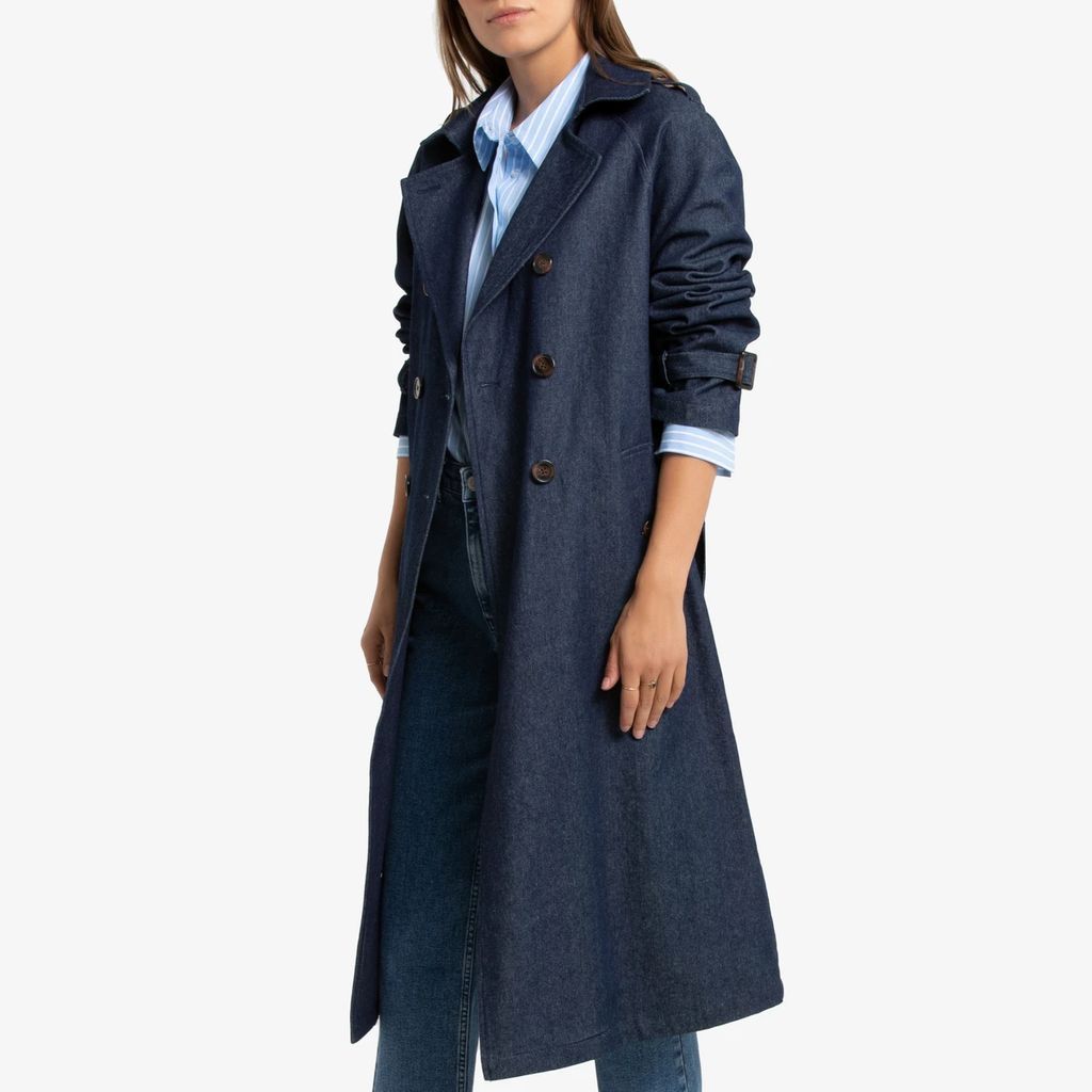 Long Denim Trench Coat with Double-Breasted Fastening and Pockets