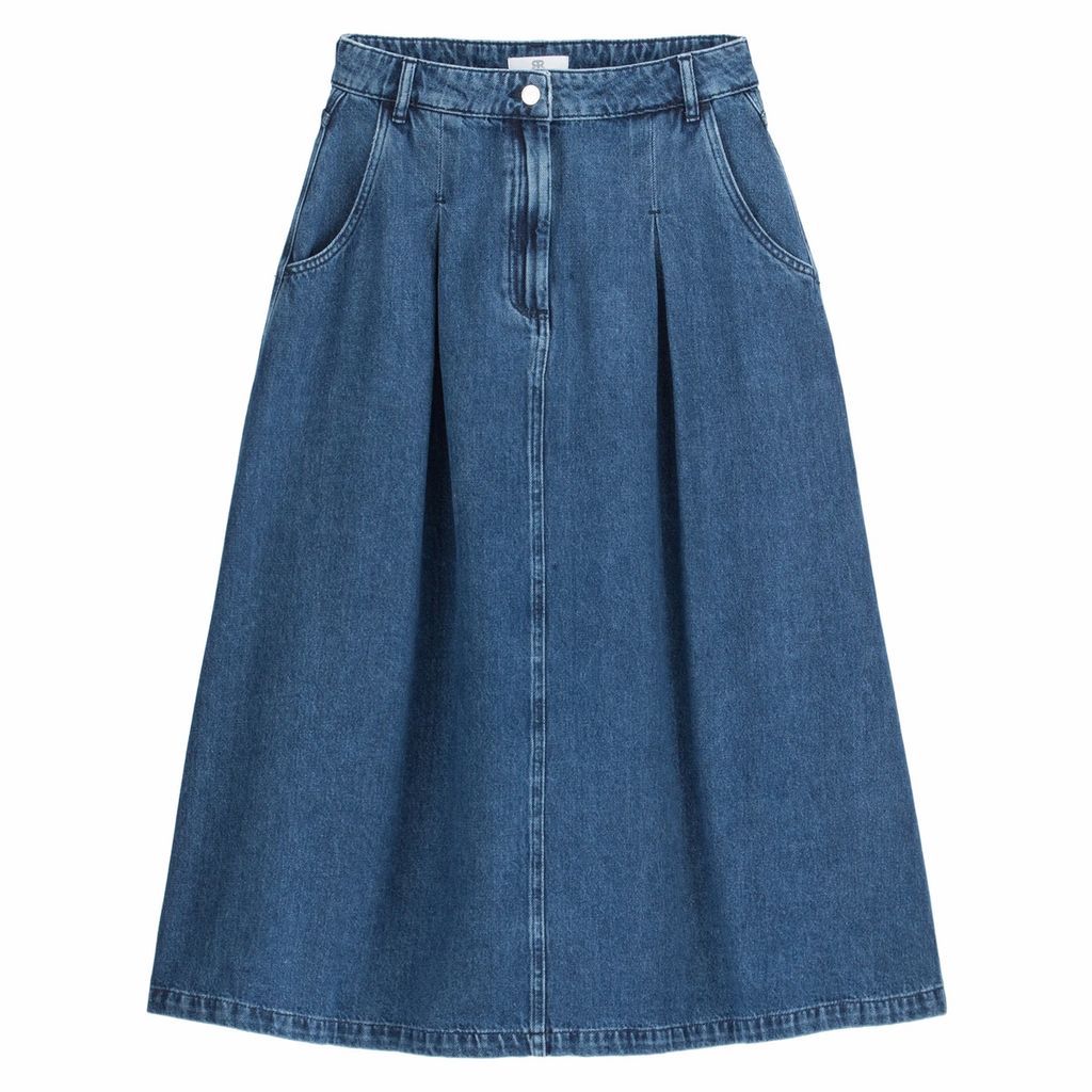 Denim Flared Midi Skirt with Pockets
