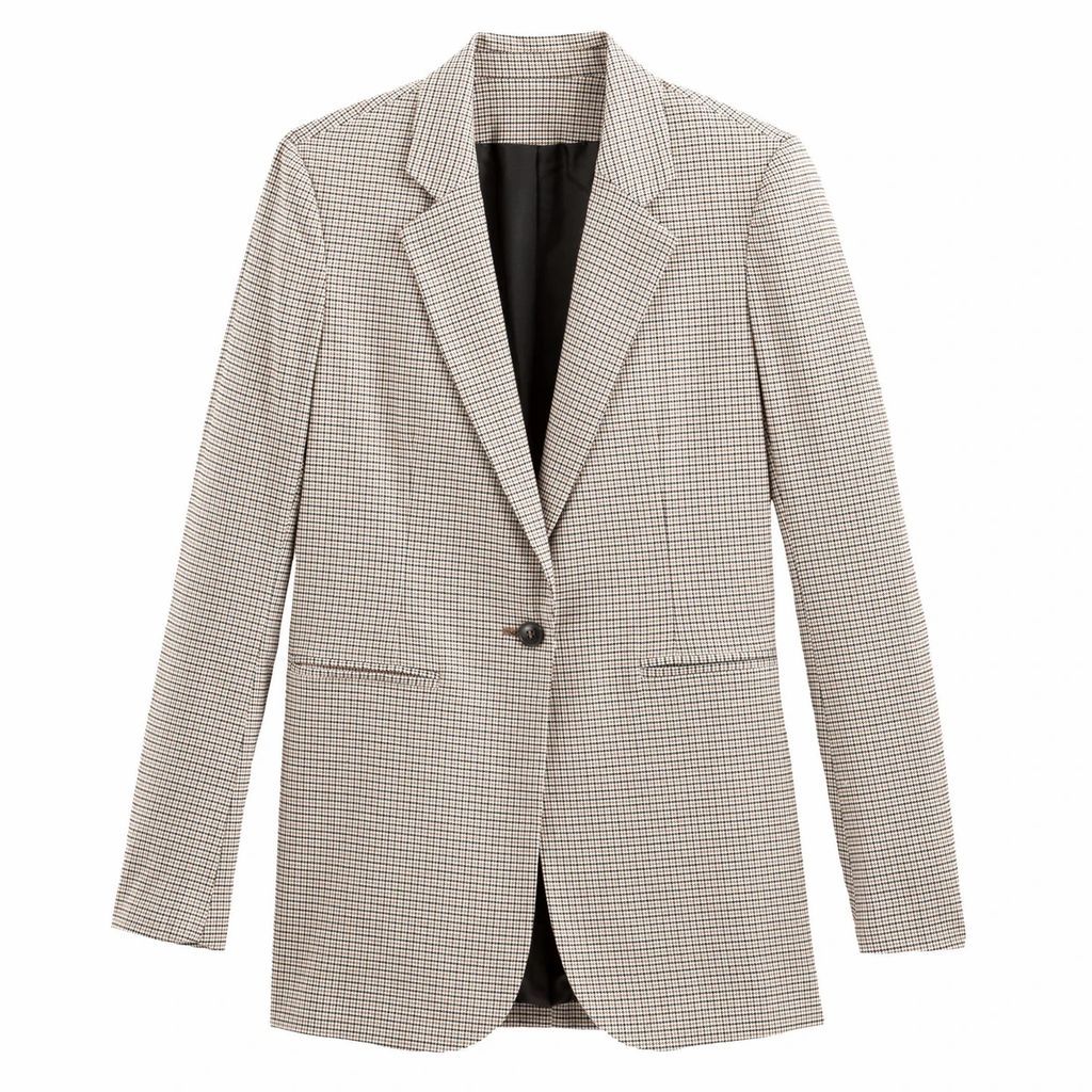 Longline Single-Breasted Blazer in Checked Print with Pockets