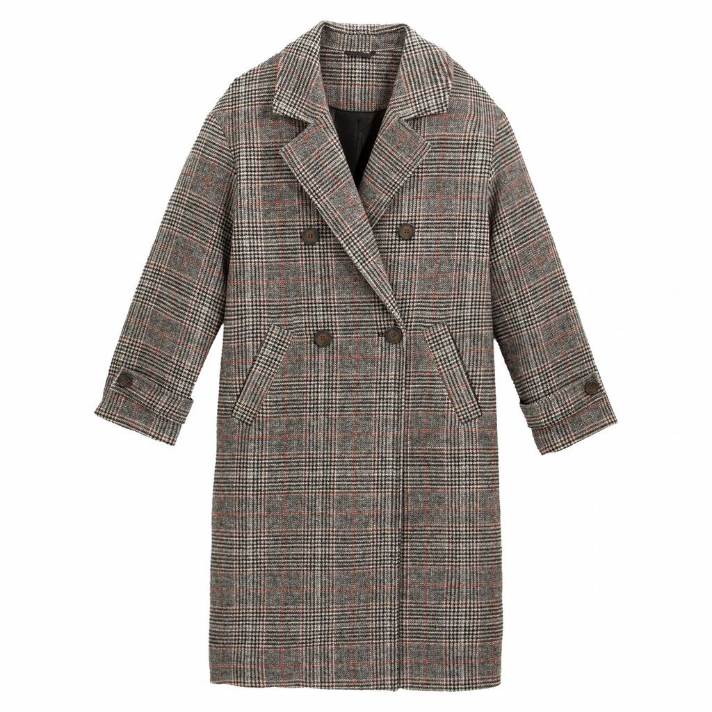 Checked Double-Breasted Coat with Pockets