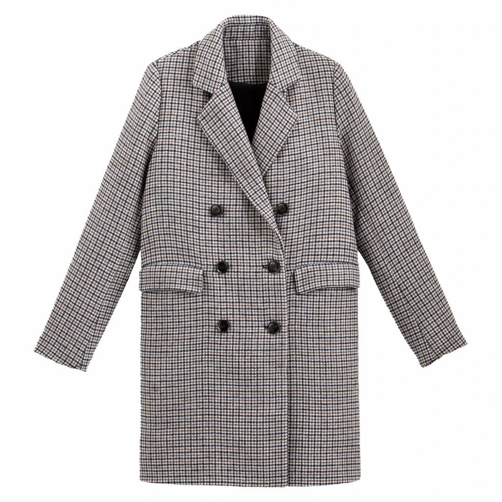 Long Checked Coat with Double-Breasted Buttons and Pockets