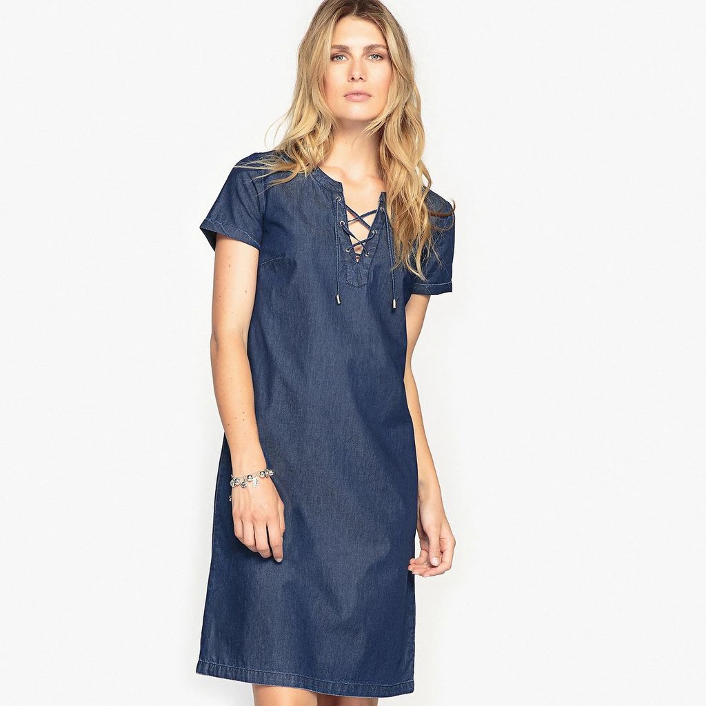 Draping Tunic Shift Dress in Denim with Short Sleeves