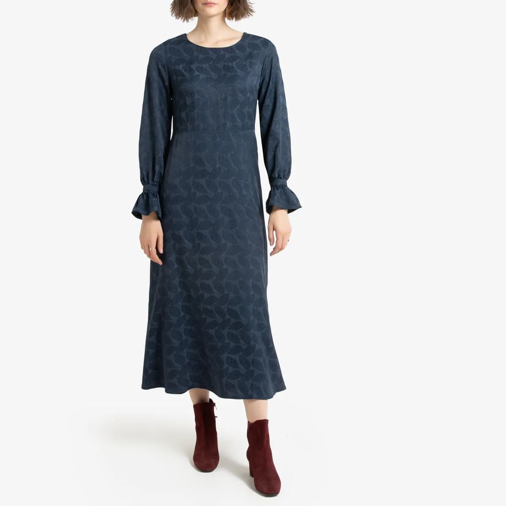 Leaf Embroidered Midaxi Dress with Ruffled Long Sleeves