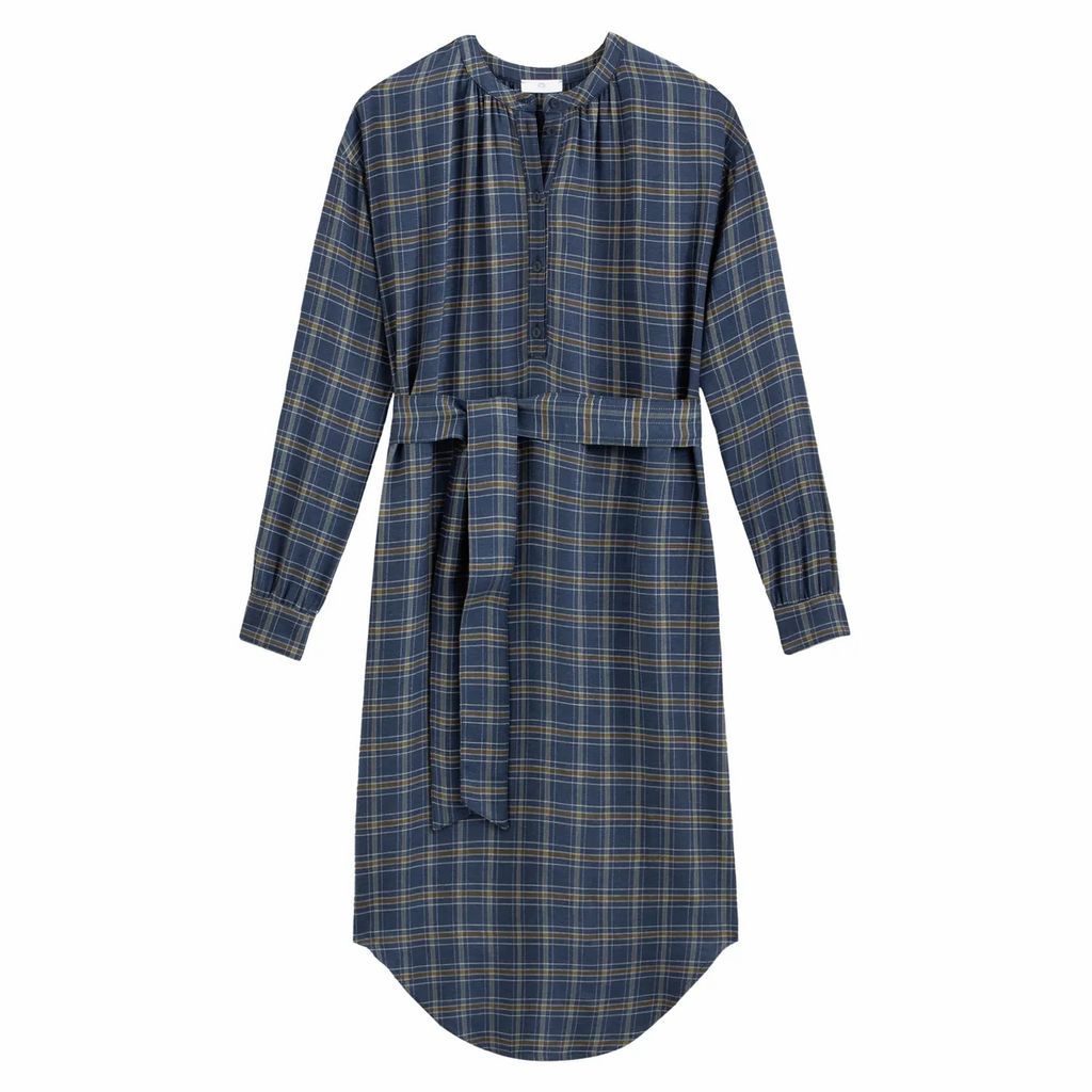 Checked Midi Shift Dress with Long Sleeves and Tie-Waist