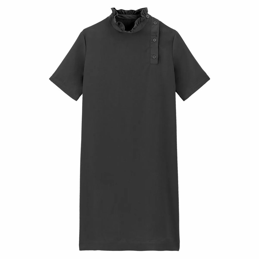 Short Shift Dress with Ruffled High Neck and Short Sleeves