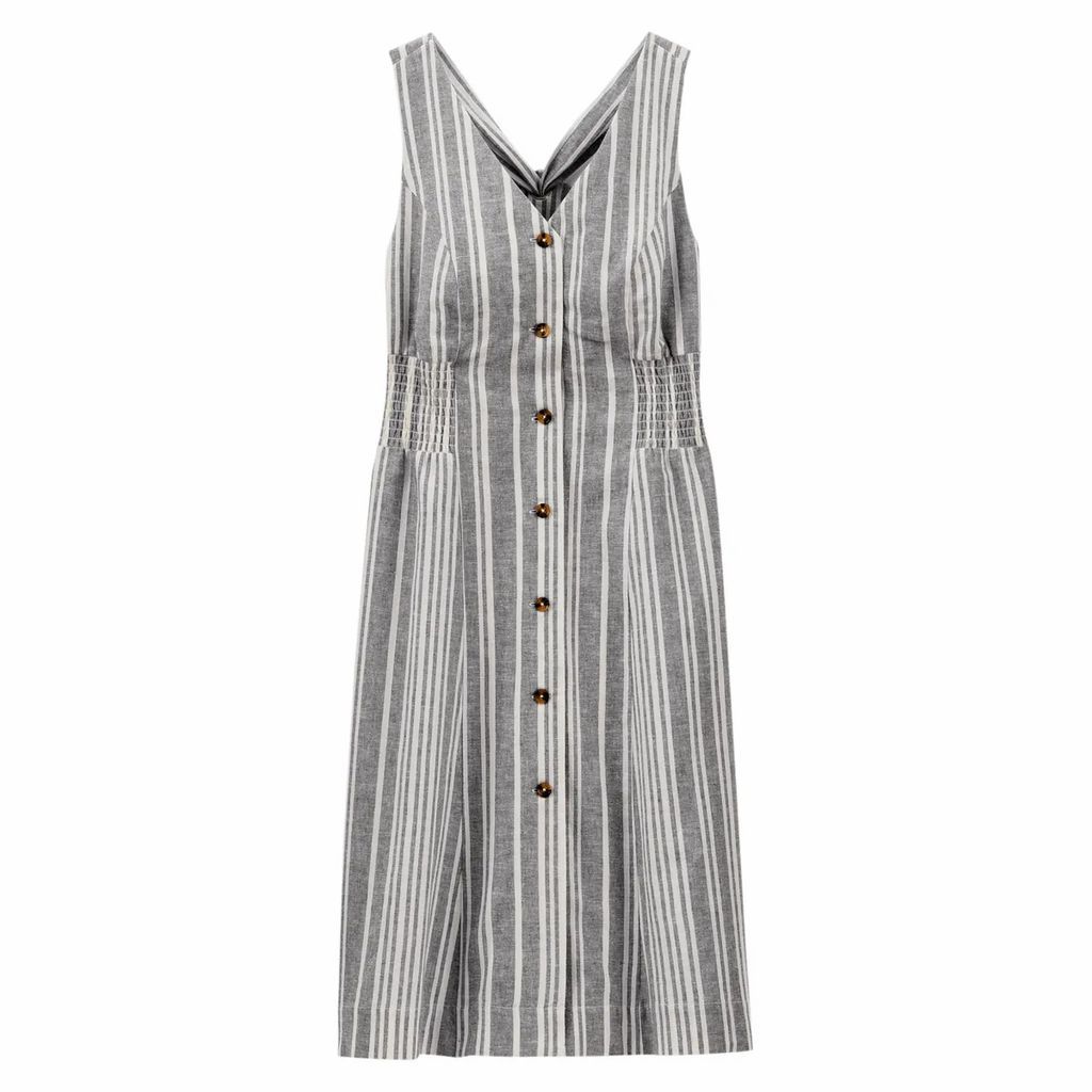 Striped Linen/Cotton Midi Dress with Bow at Back