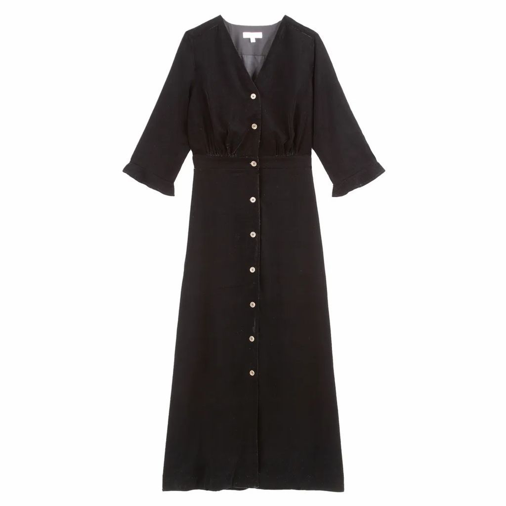 Velvet Button-Through Midaxi Dress with Short Sleeves
