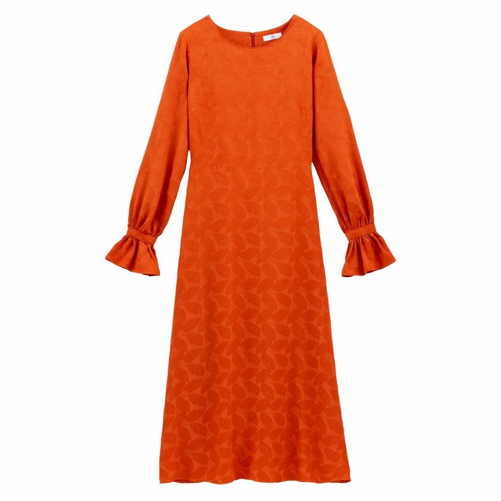 Leaf Embroidered Midaxi Dress with Ruffled Long Sleeves