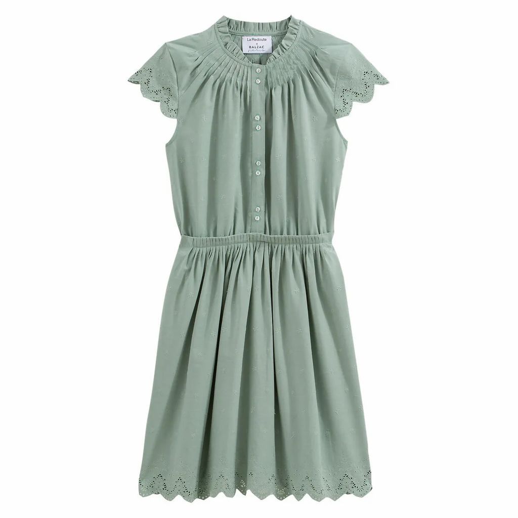 Embroidered Cotton Knee-Length Dress with Short Sleeves