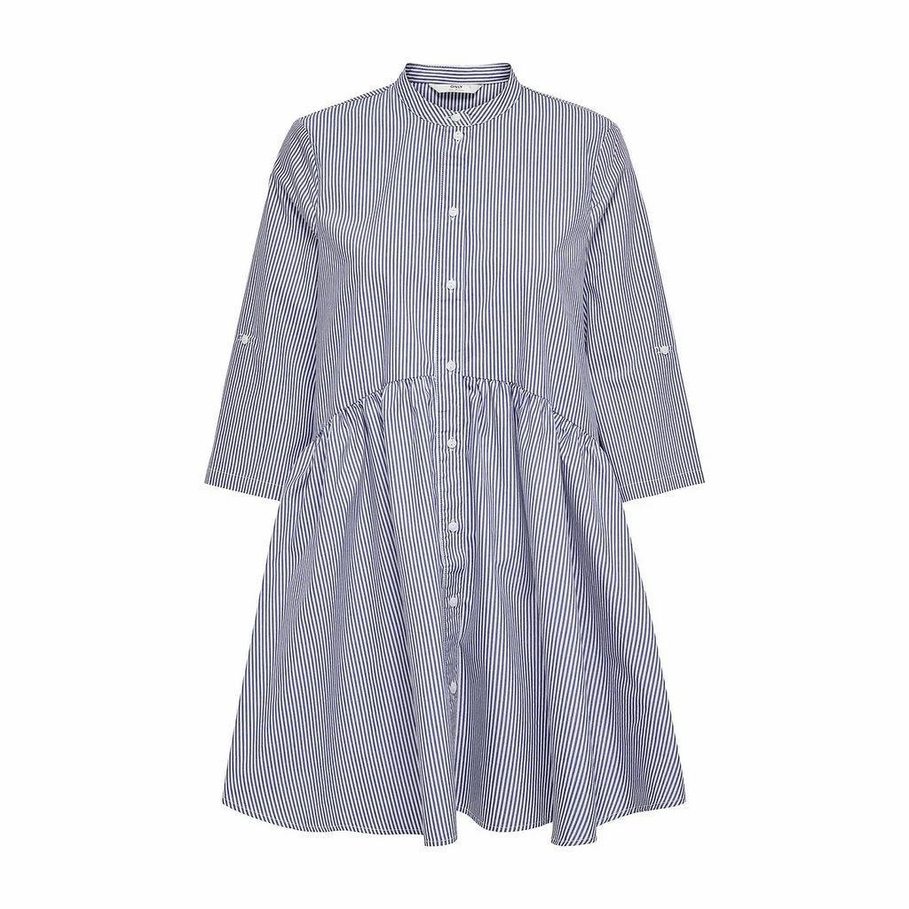Cotton Mix Shirt Dress in Striped Print with Mandarin Collar and 3/4 Length Sleeves