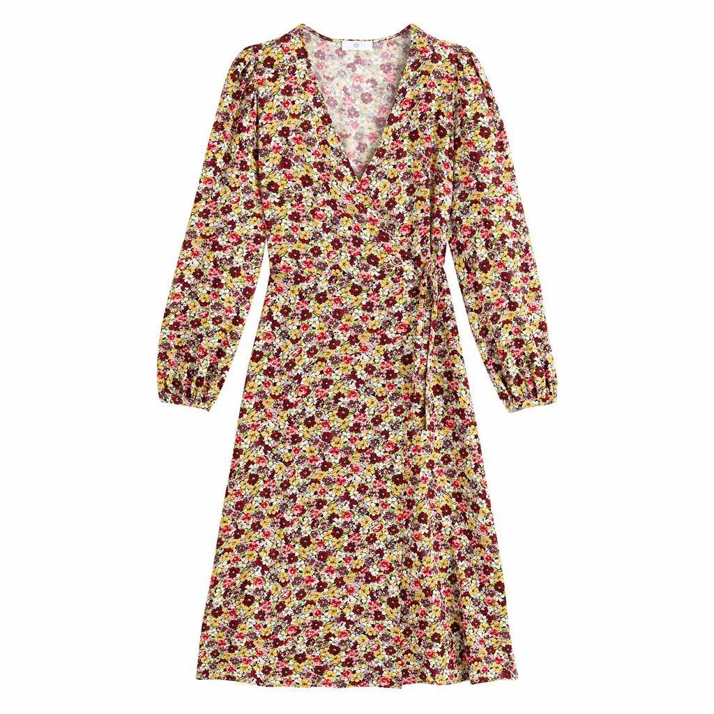Wrapover Midi Dress in Floral Print with Puff Sleeves