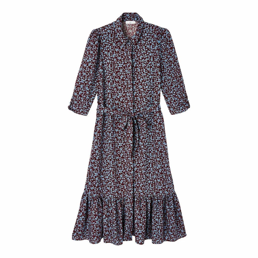 Tiered Midi Shirt Dress in Floral Print with Elbow-Length Sleeves