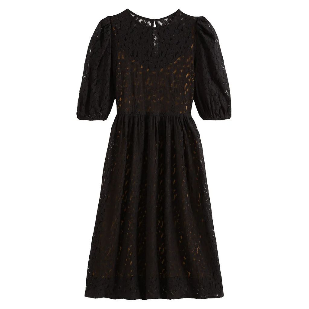 Lace Midi Dress with Puff Sleeves