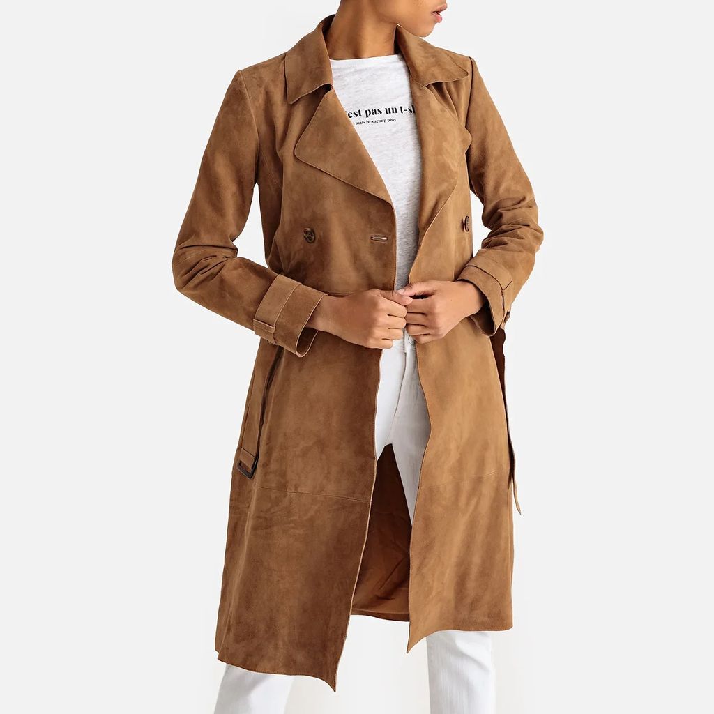 Suede Double-Breasted Trench Coat with Pockets and Belt