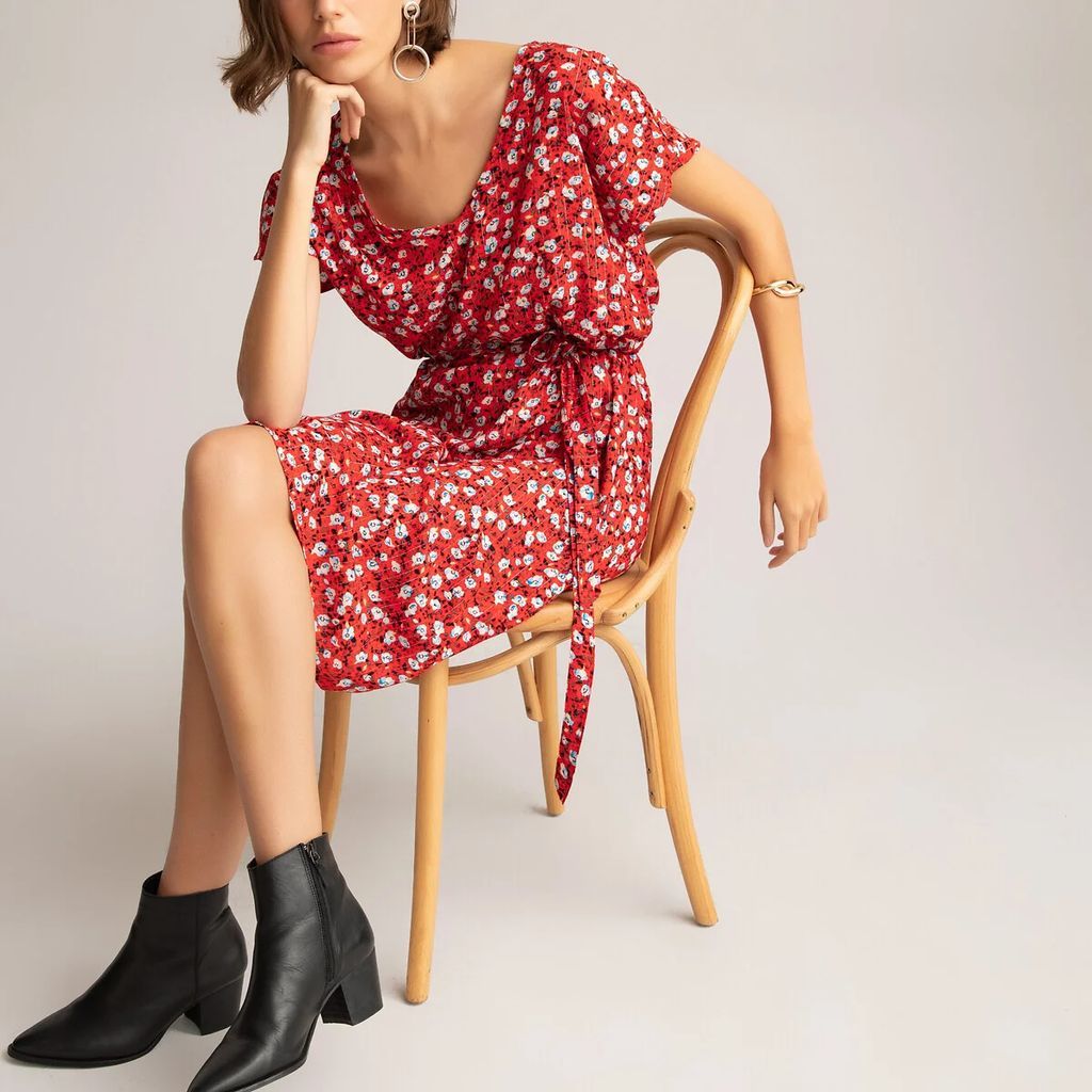 Floral Print Mid-Length Dress with V-Neck and Short Sleeves