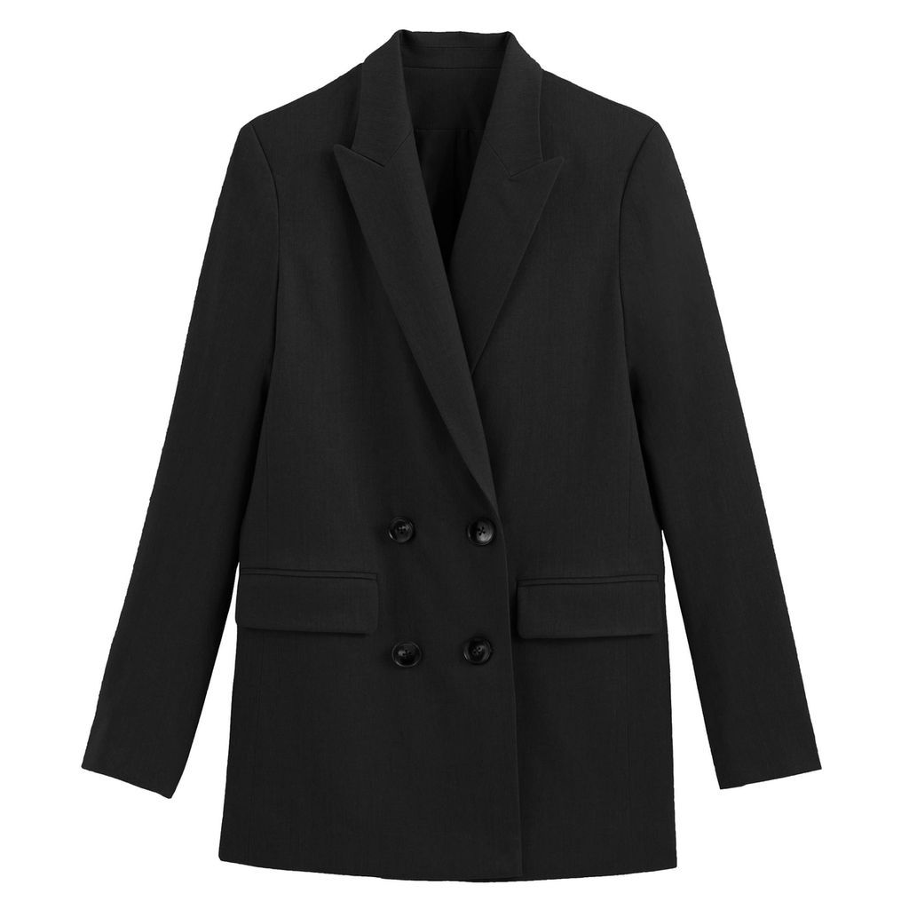 Longline Straight Double-Breasted Blazer with Pockets