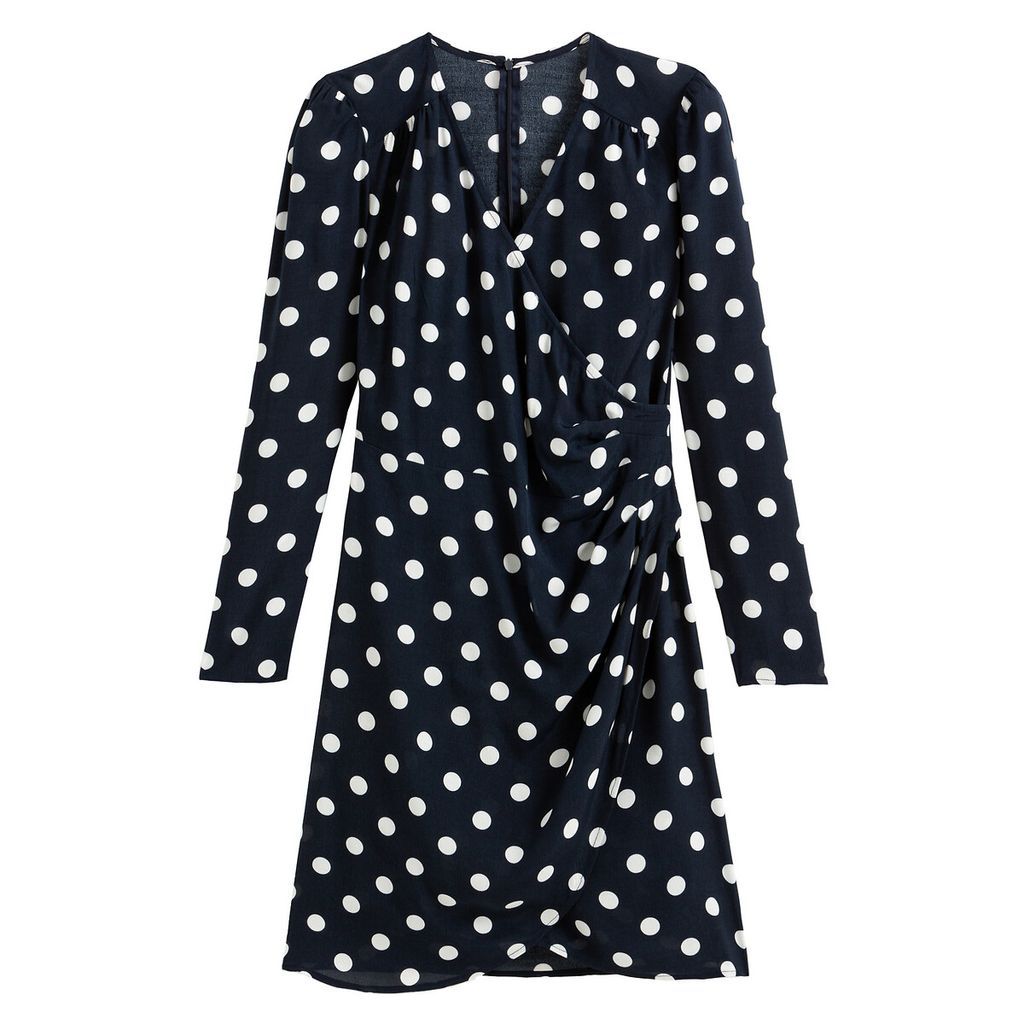 Polka Dot Wrapover Dress with Puff Sleeves
