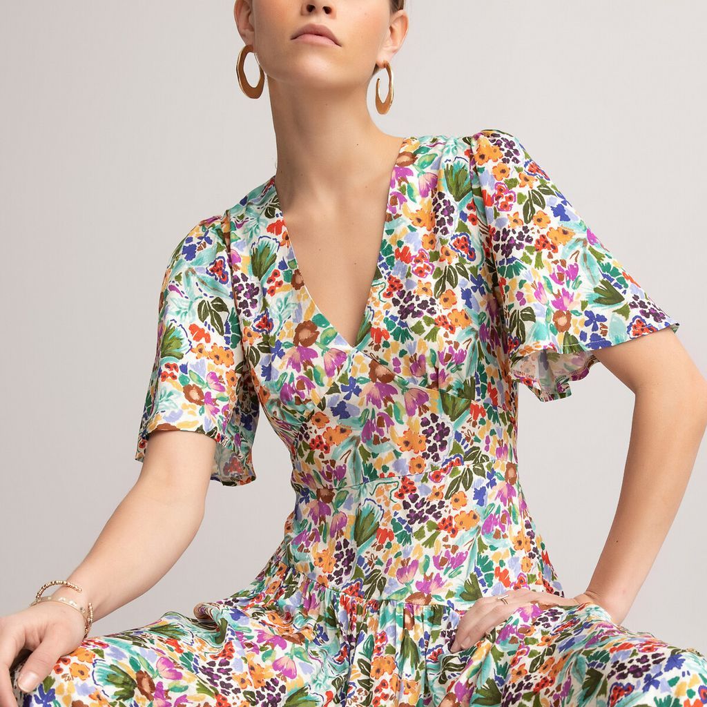Floral Print Midaxi Dress with V-Neck and Short Sleeves