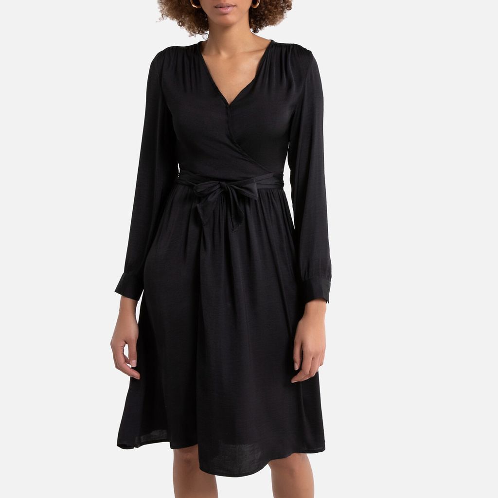 Wrapover Mid-Length Dress with Long Sleeves and Tie-Waist
