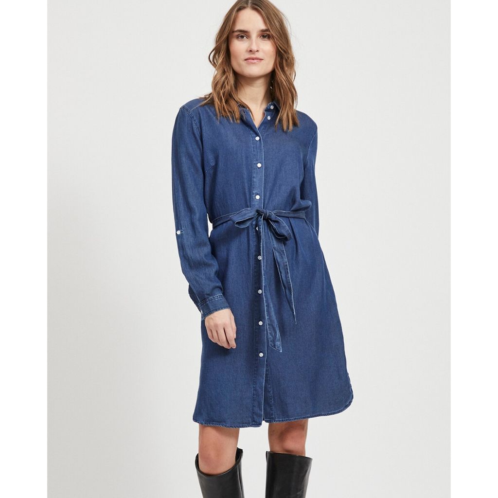 Knee-Length Shirt Dress with Tie-Waist and Long Sleeves