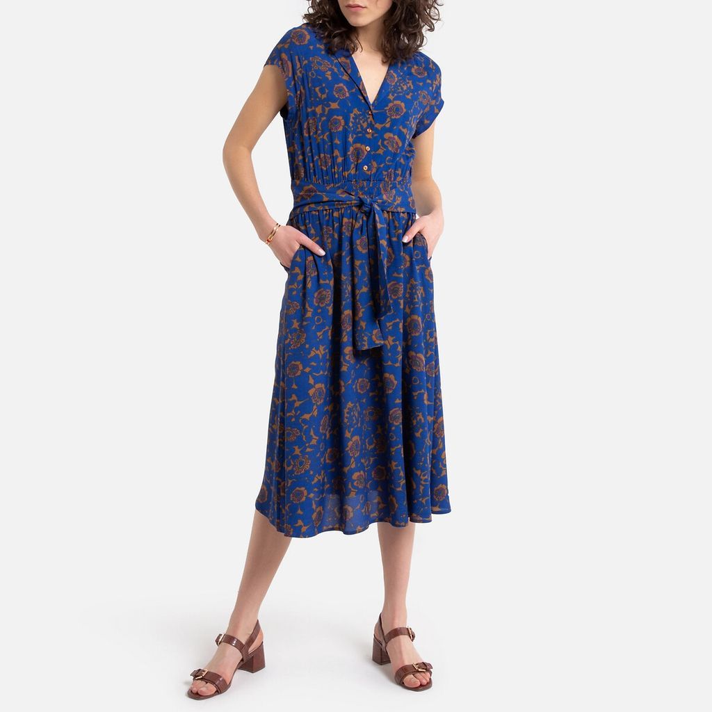 Printed Midi Dress with Tailored-Collar and Short Sleeves