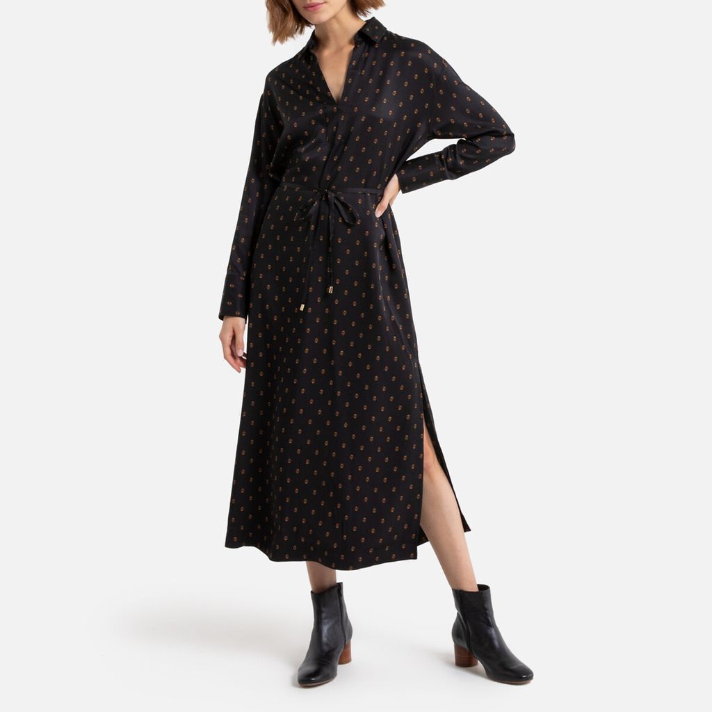 Printed Maxi Shirt Dress with Slit and Long Sleeves
