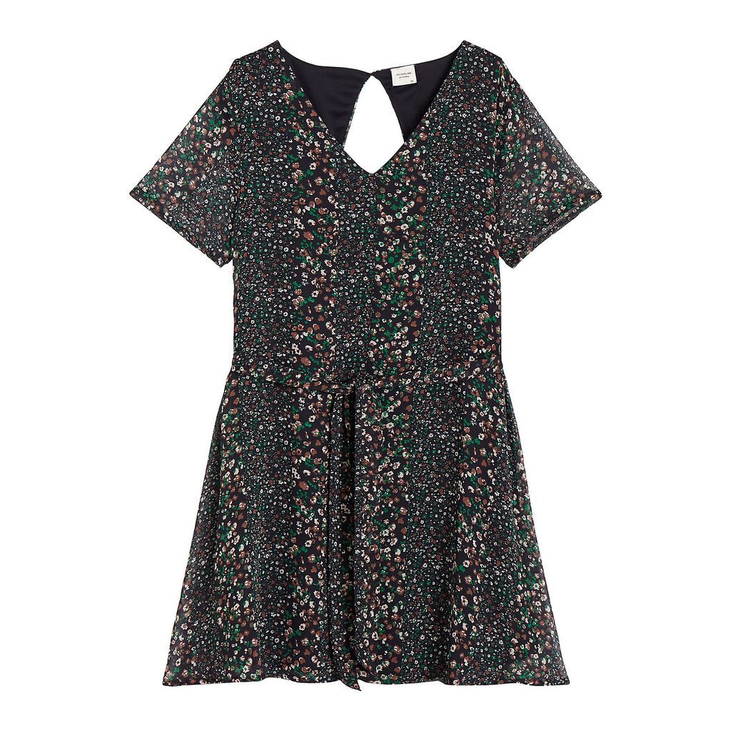 Floral Print Flared Dress in Knee Length with Short Sleeves