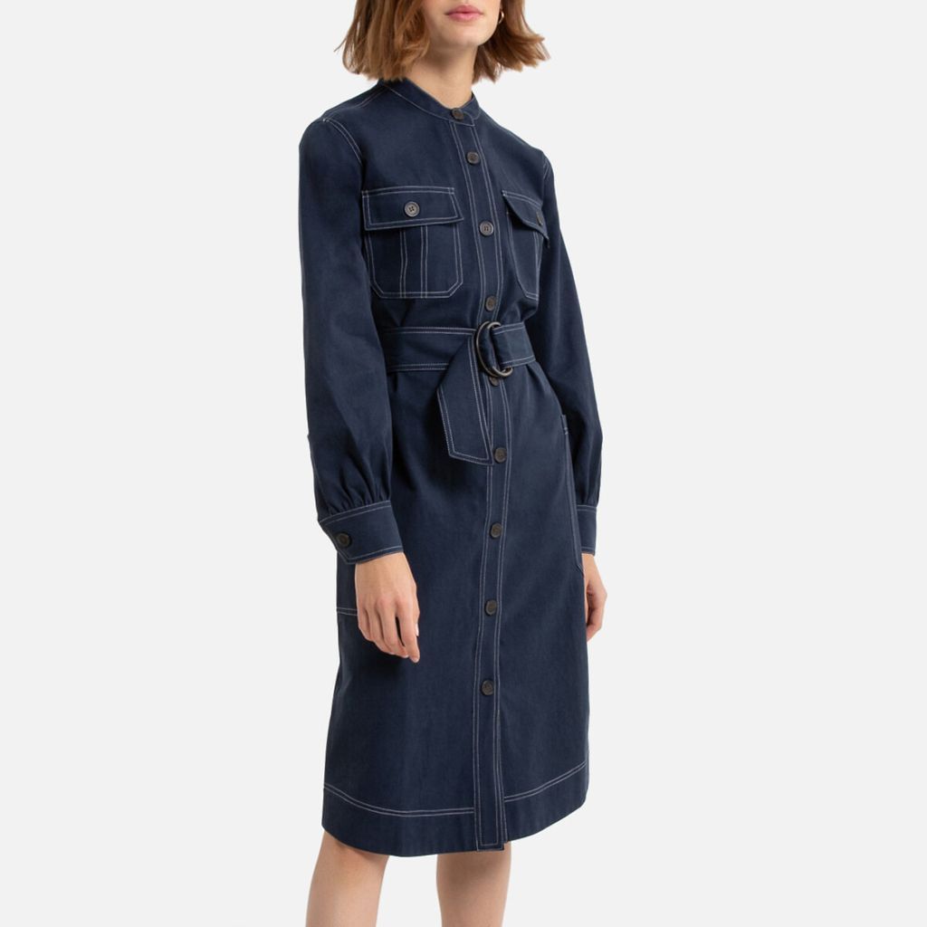 Military Button-Through Shirt Dress in Cotton Mix with Long Sleeves