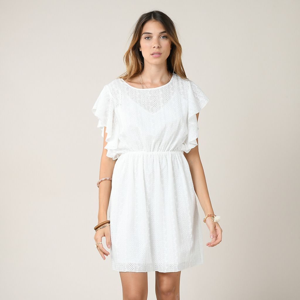 Embroidered Cotton Mini Dress with Crew Neck and Ruffled Sleeves