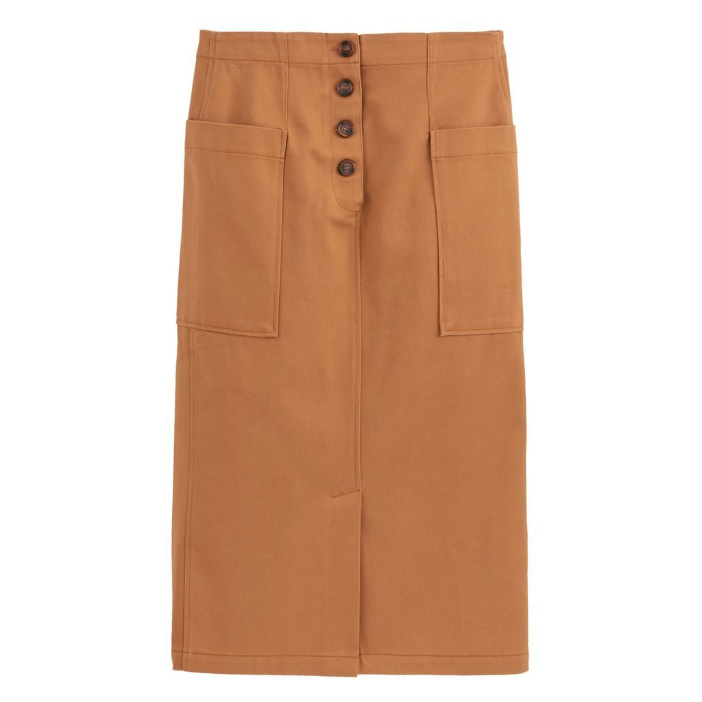 Cotton Straight Midi Skirt with Pockets